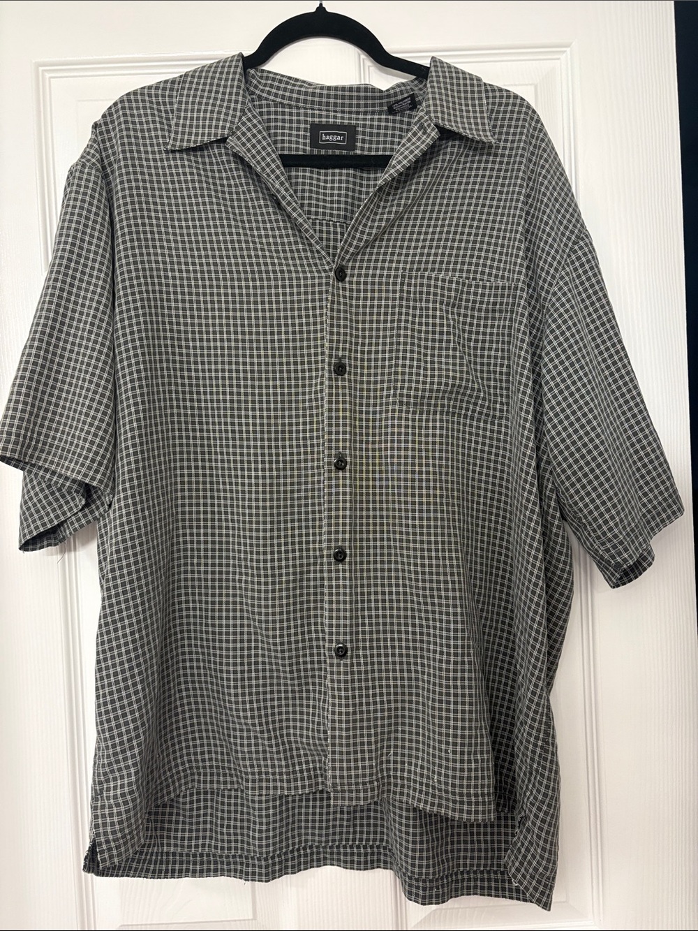 Haggar Green and White Check Short-Sleeve Button-Down Shirt